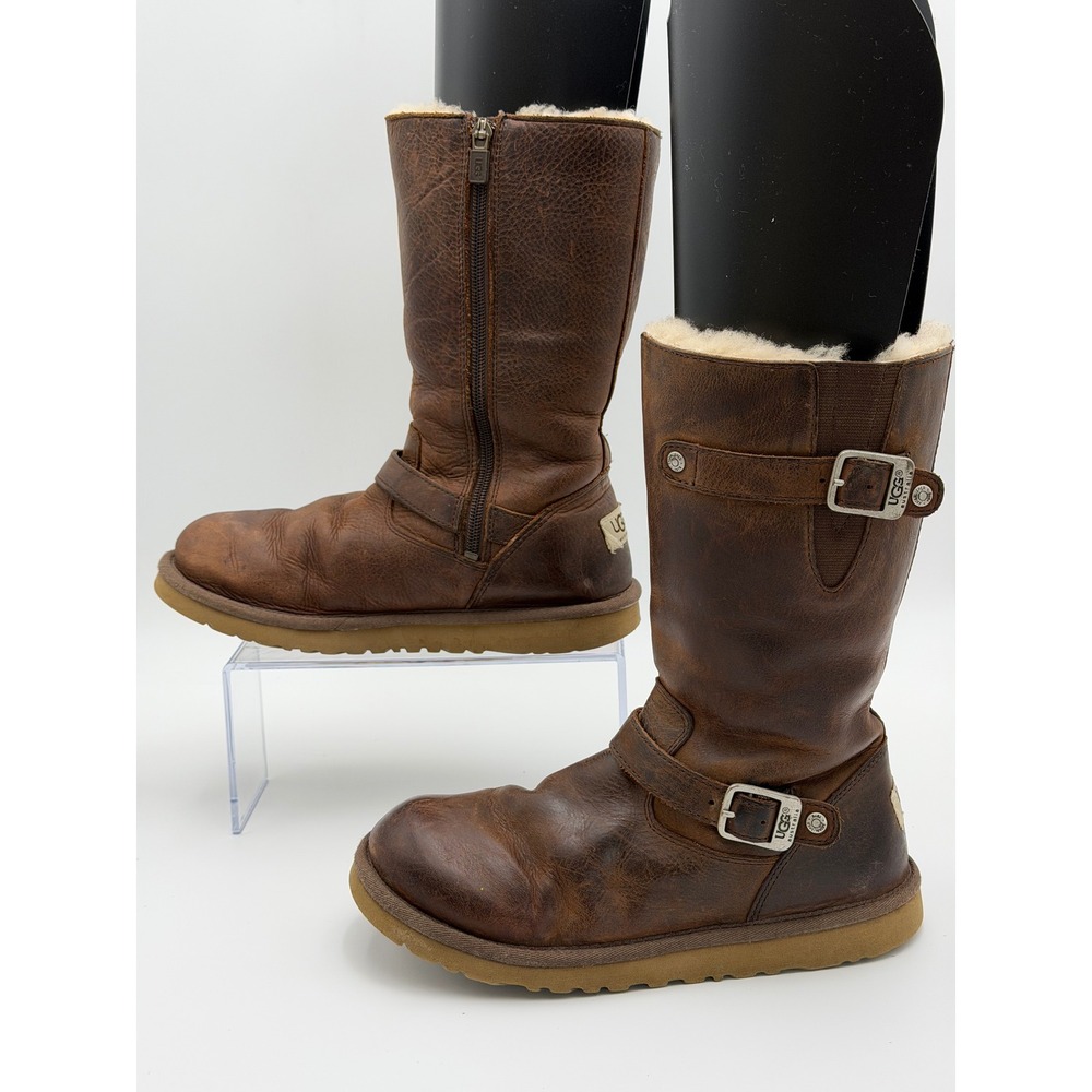 UGG Kensington Womens 6 Brown Leather Sheepskin Buckle Side Zip Moto Boots 1969